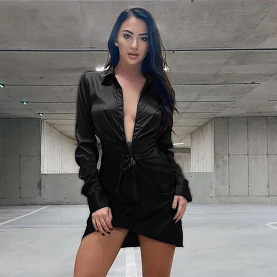 Free Women Black Satin Dress Sexy Deep V Neck Long Sleeve Bodycon Lace-Up Club Night Party Mini Vestidos 210524