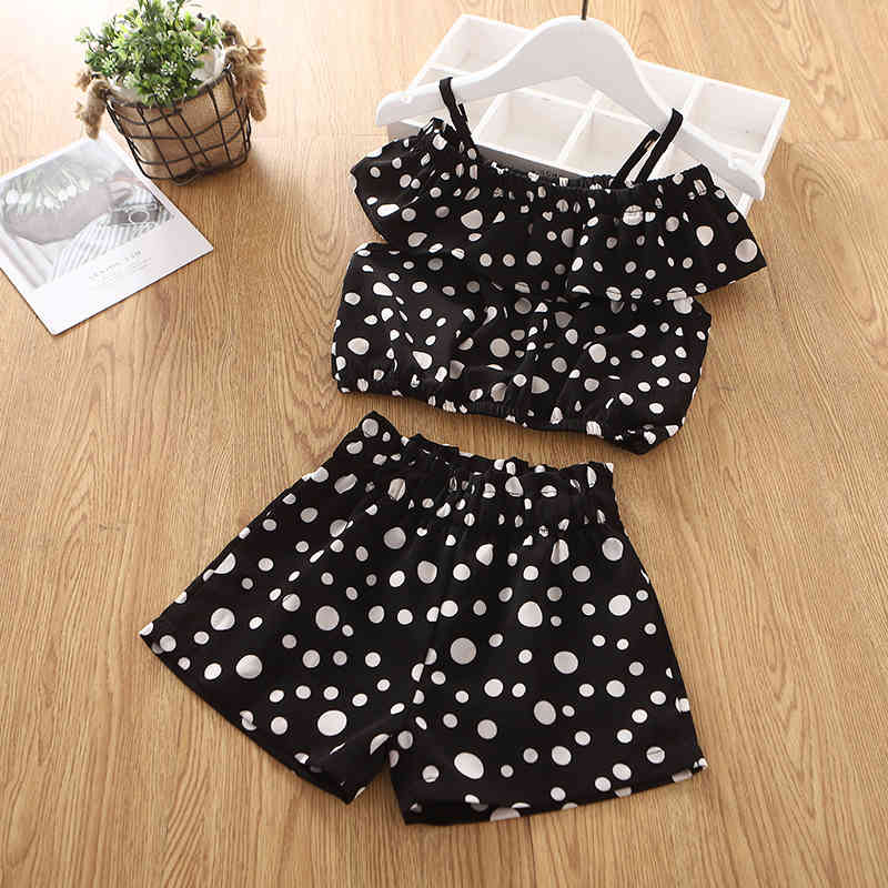 Summer Girls Clothing Sets Suspenders Polka Dot Print Top + Shorts Fashion Children's 2-Piece 2-6Y 210515