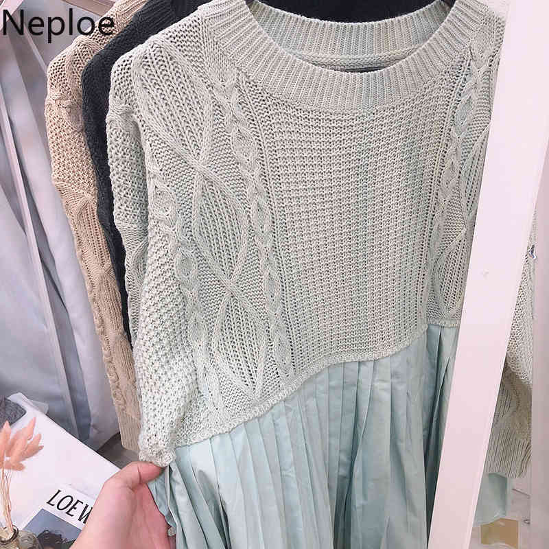 Neploe Chic Woman Dress Fashion Patchwork Knitted Pleated Vestidos O-neck Long Sleeve Loose Casual Robe Dresses Women 4G234 210422