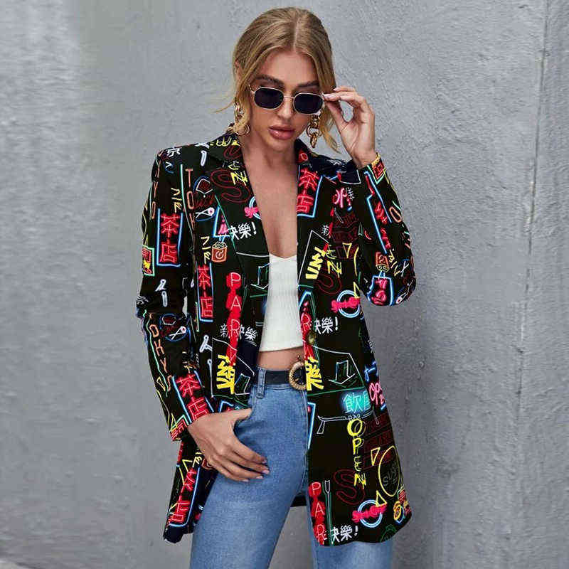 Vintage Letter Irregular Printing Blazer Women Jacket High Street Fashion Fall Plus Size Elegant Lady Coat American Stylish 211122