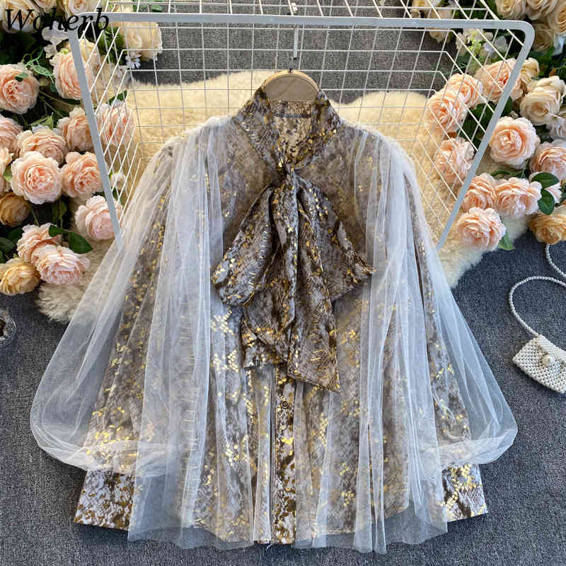 Vintage Snakeskin Prints Blouse Women Patchwork Gauze Lantern Sleeve Temperament Shirts Lace Up Bow Blouses Tops 4H024 210519