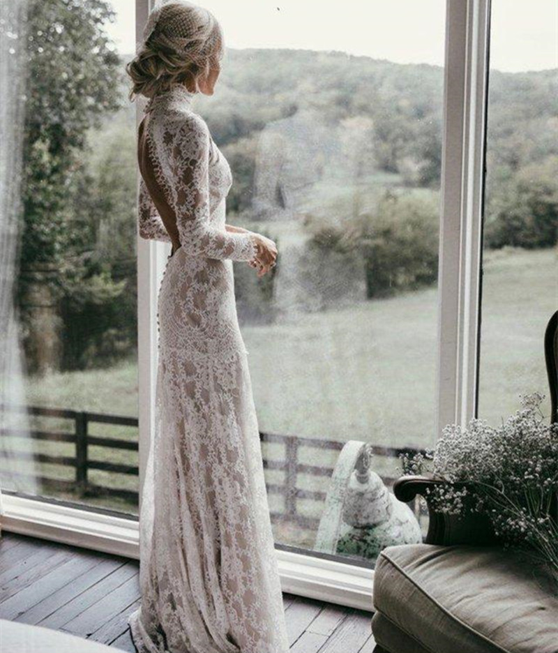 Vintage High Collar Lace Mermaid Wedding Dresses Bridal Gowns 2022 Sexy Backless Buttons Long Sleeves Boho Beach Bride Dress Custom Made