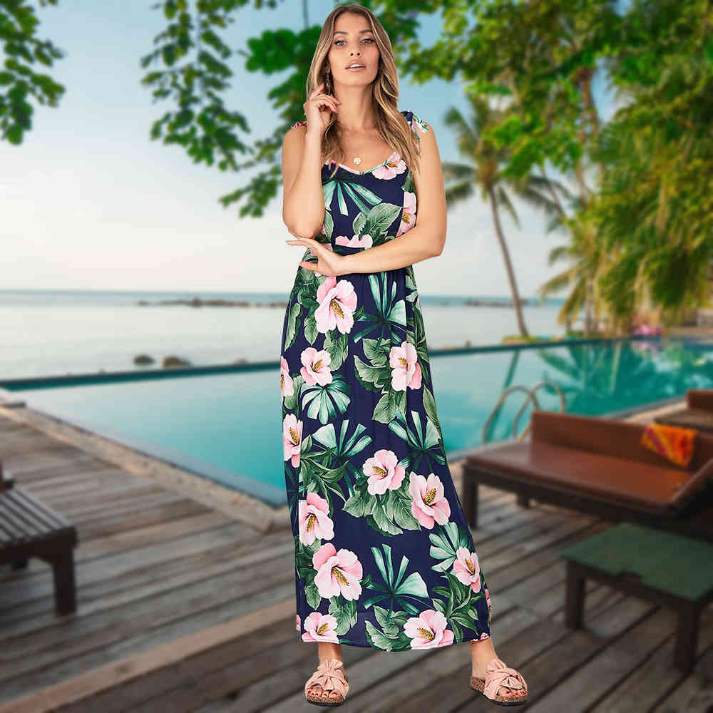 Women Dress V Neck Printed Bohemia Sexy Long Floral Maxi es Sleeveless Spaghetti Strap Beach es 210513