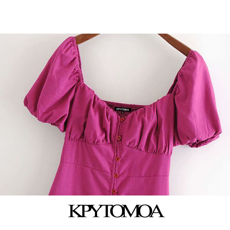 Women Chic Fashion With Buttons Linen Midi Dress V Neck Puff Sleeve Back Elastic Female Dresses Vestidos 210420