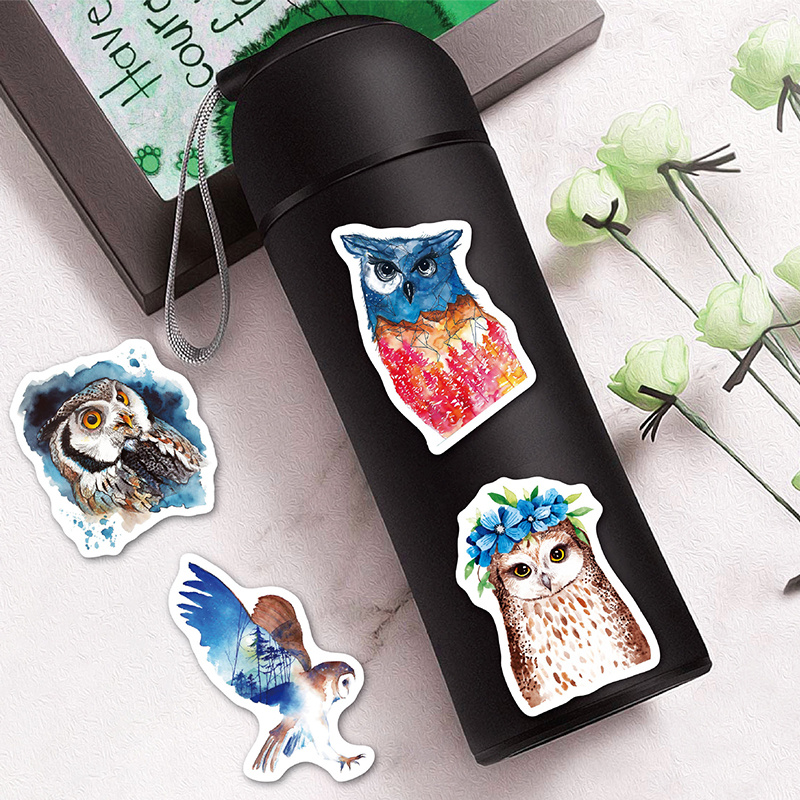50pcs/Set Watercolour Owl Stickers Cartoon Cute Animal DIY Graffiti Decals For Motorcycle Car Luggage iPad Phone Scooter Skateboard Notebook Toys Gift