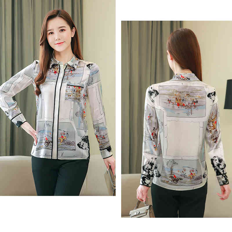 Spring Elegant Printing Long Sleeve Chiffon Blouse Satin Silk Turn-over Collar Women Shirt Tops Chemisier Femme 8193 50 210508