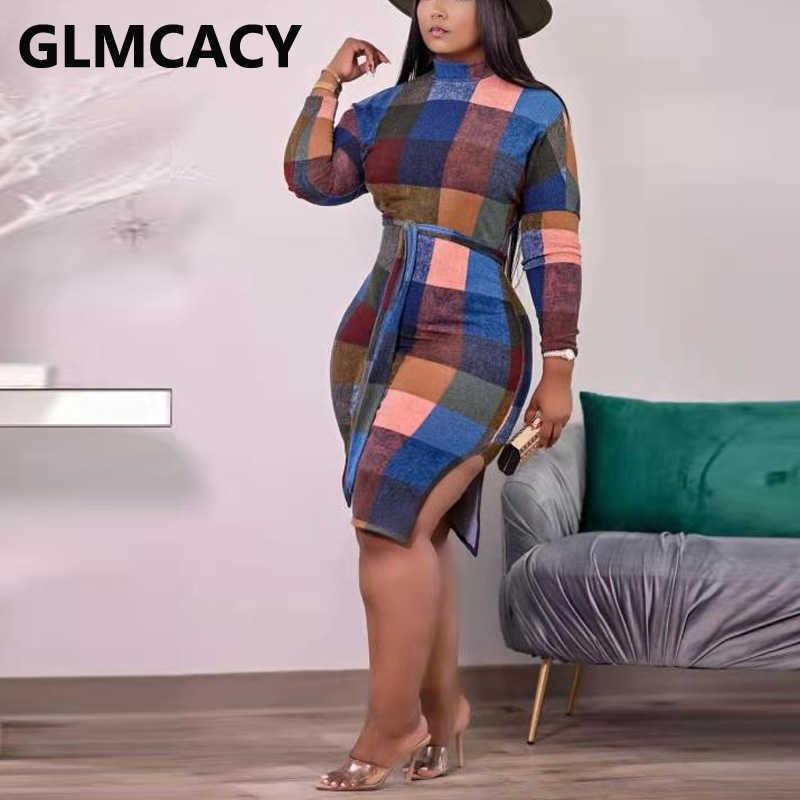 Women Long Sleeve Plaid Midi Dress Casual Slim Slit Dresses 210702