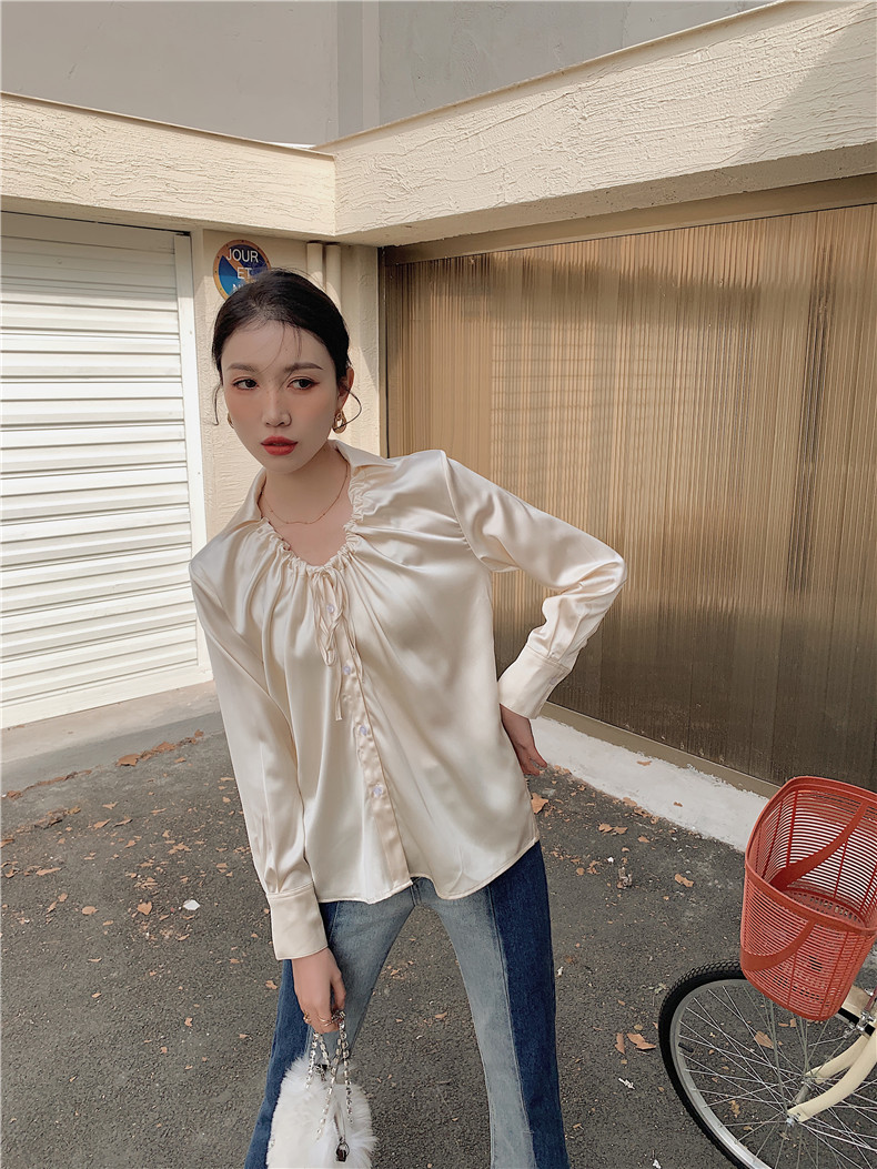 Champagne Satin Blouse Ruched Drawstring Button Up Long Sleeve Ladies Top Korean Spring Fashion Women 210427