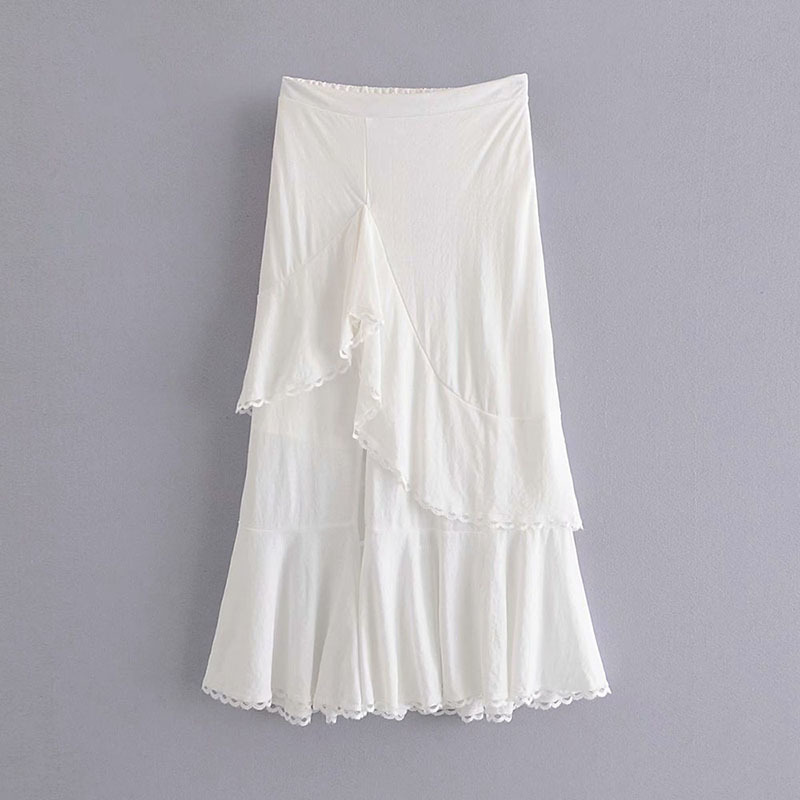 Skirt Woman White Lace Jupe Longue Femme Fairy Boho Taille Haute Ruffle Midi Blanche Spring Summer Faldas Largas Elegantes 210521