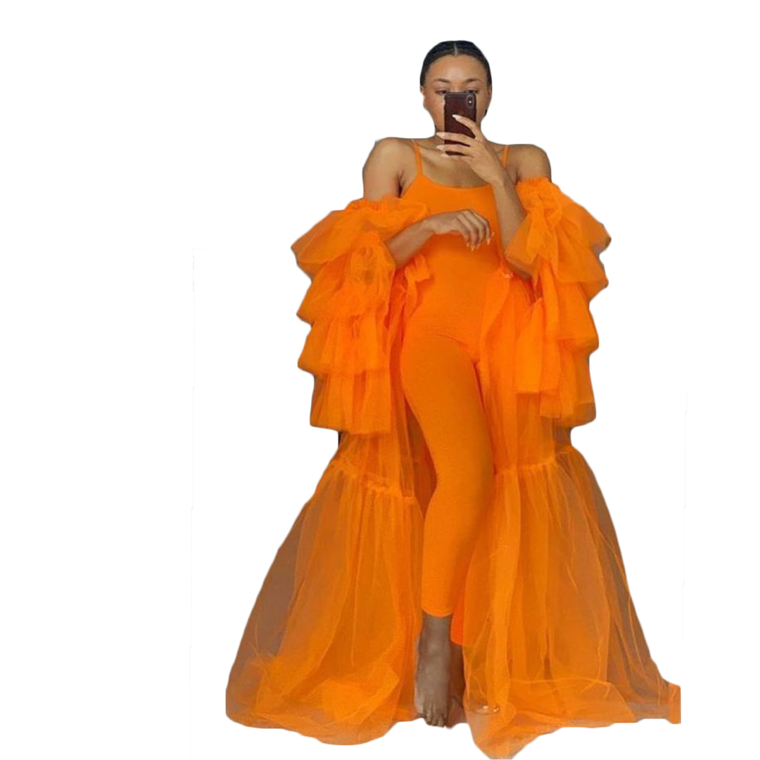 Fashion Pregnant Sleepwear Orange Women Dress Sexy Photograph Off Shoulder Robes Tiered Ruffles Gown Bathrobe Sleep Nightdress