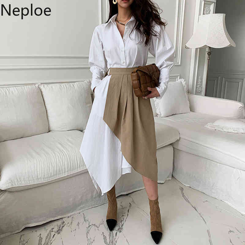 Neploe 2 Piece Outfits for Women Irregular Shirt Dress Pleated Korean Fashion Suit Fall Clothes Two Piece Set Female 4G056 210422