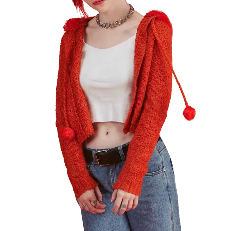Women Slouchy Silhouette Cropped Knit Hoodie with Drawstring Pom-poms Furry Crop Hooded Sweater 210512