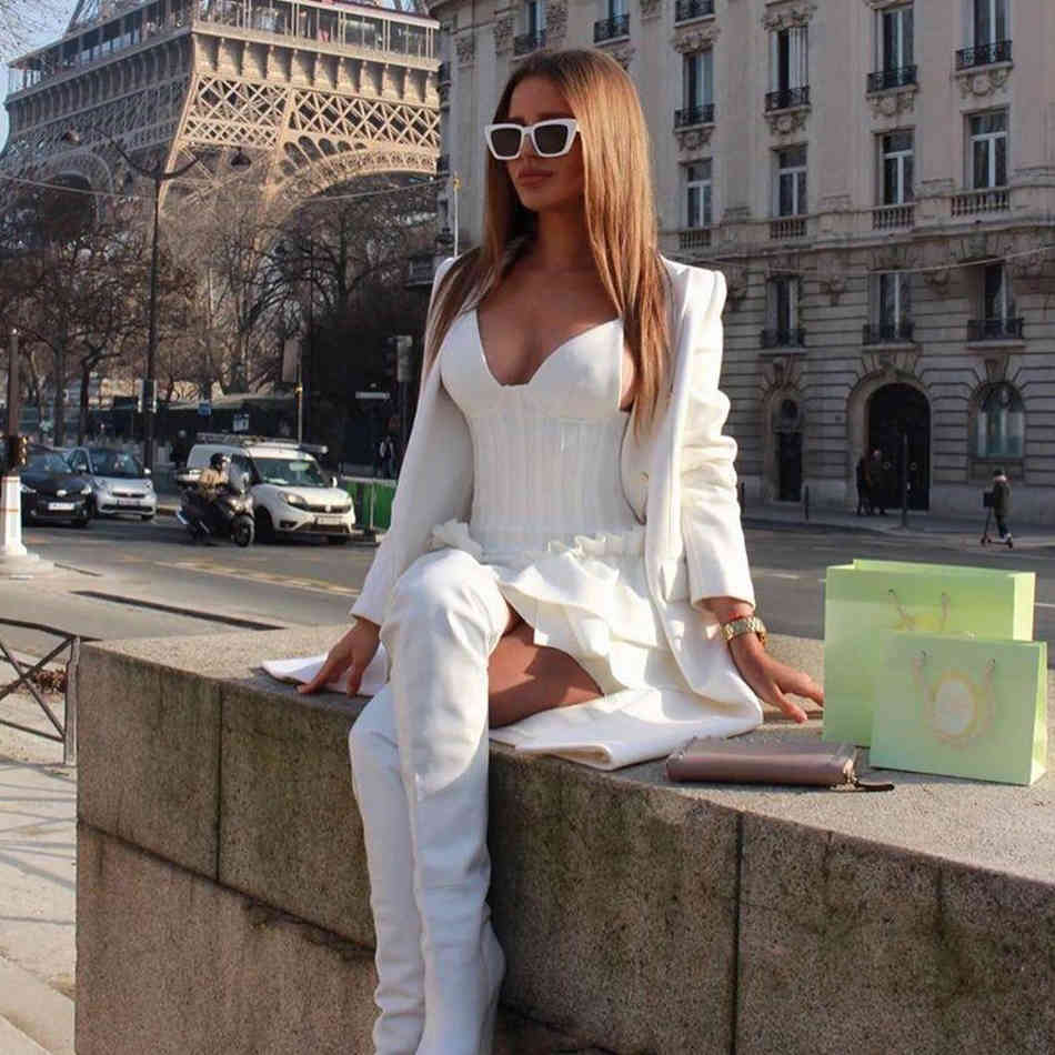 Summer Women Mini Mermaid Bandage Dress Sexy Spaghetti Strap Ruffles V Neck Club Celebrity Runway Party 210423