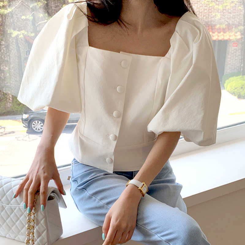 Korejpaa Women Shirt Summer Korean Chic Niche Style Square Collar Single-Breasted Solid Color Lantern Sleeve Short Blouses 210526