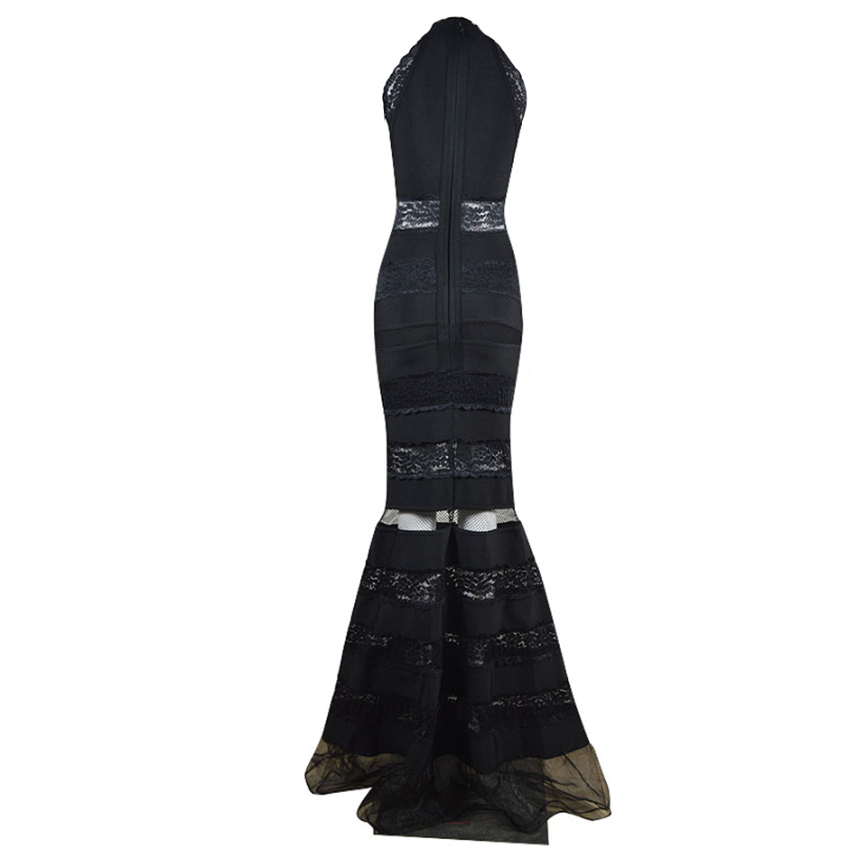 Summer Women Black Halter Mermaid Bandage Maxi Dress Sexy Lace Sleeveless Club Celebrity Evening Party Long 210423