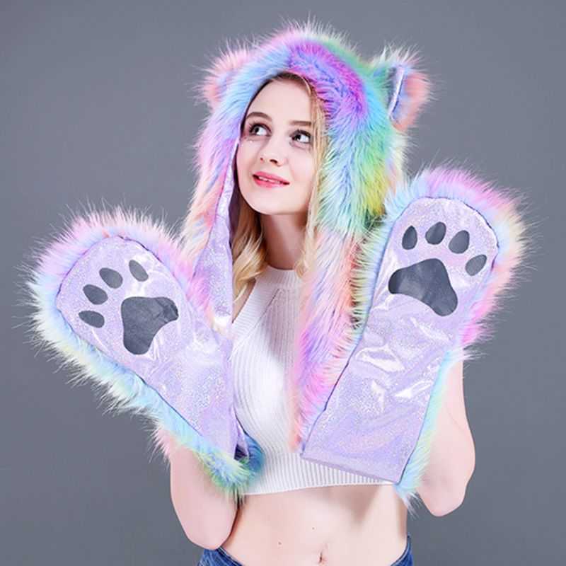 U2jf 3 in 1 Women Men Rainbow Gradient Fluffy Plush Wolf Hat Hoodie Animal Ears Paws Scarf Gloves Halloween Rave Costume
U2jf 3 in 1 Women Men Rainbow Gradient Fluffy Plush Wolf Hat Hoodie Animal Ears Paws Scarf Gloves Halloween Rave Costume