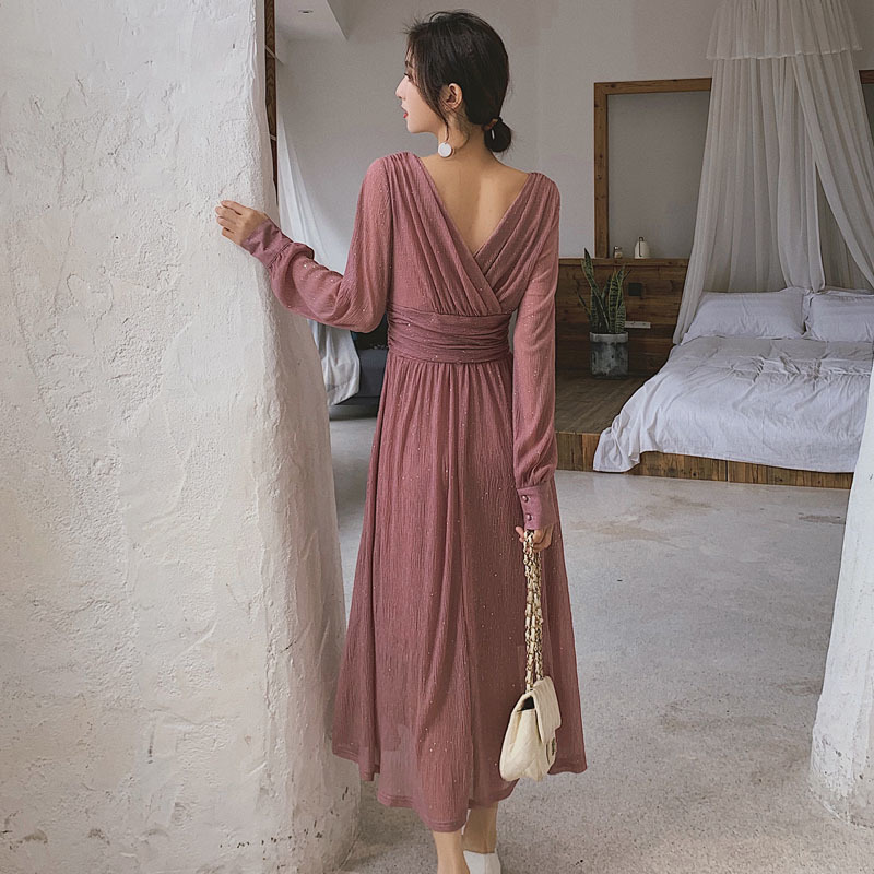 Solid High Waist Puff Sleeve Elegant Dress Vintage V Neck Long Maxi Women Sequin Party Sexy Robe Femme 13019 210427