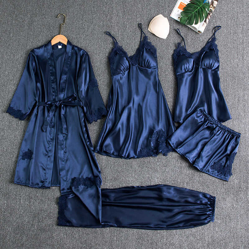 Sleepwear Sleep Suit Female 5PCS Pajamas Set Sexy Satin Pyjamas Lace Bridal Wedding Nightwear Satin Nighty&Robe Home Wear 210924