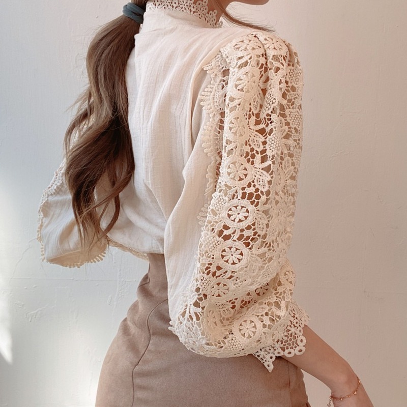 Blusas Mujer De Moda Spring Hollow Out Lace Shirt Women Office Lady Flower Blouse Stand Collar Button Female Clothing 12419 210508