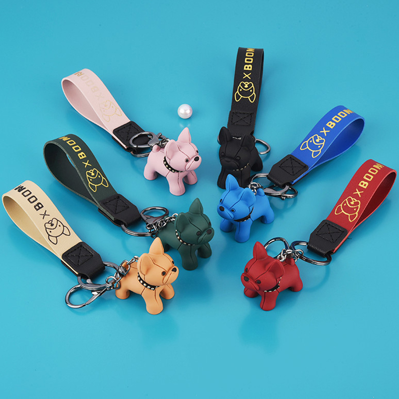 Punk French Bulldog Keychain Jewelry PU Leather Dog Keychains for Women Bag Pendant Trinket Men's Car KeyRing Key Chain