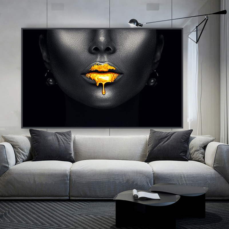 Gold Lips African Black Woman Canvas Paintings on The Wall Art Posters and Prints Black Face Pictures for Living Room Unframed