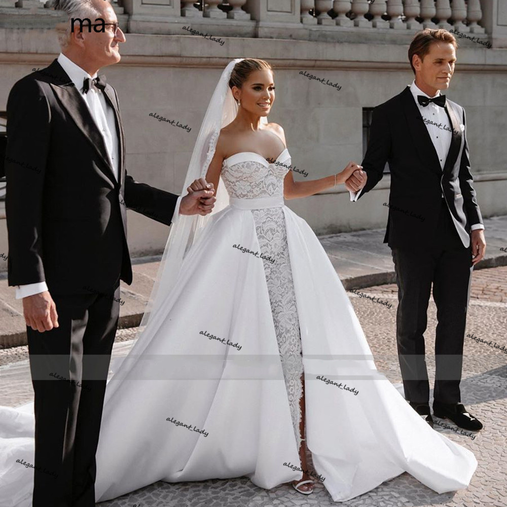 Sweetheart Mermaid Wedding Dresses with Detachable Train 2021 Lace Stain Sexy Slit Country Beach Outdoor Bride Dress robes de mariage