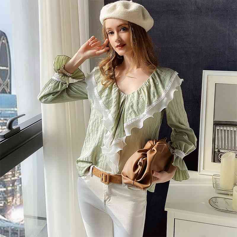 Dabuwawa Sexy V-Neck Solid Women Blouse Shirt Ruffled Sleeve Feminina Top Shirt Casual Party Wear Ladies Blouse DT1DST006 210520