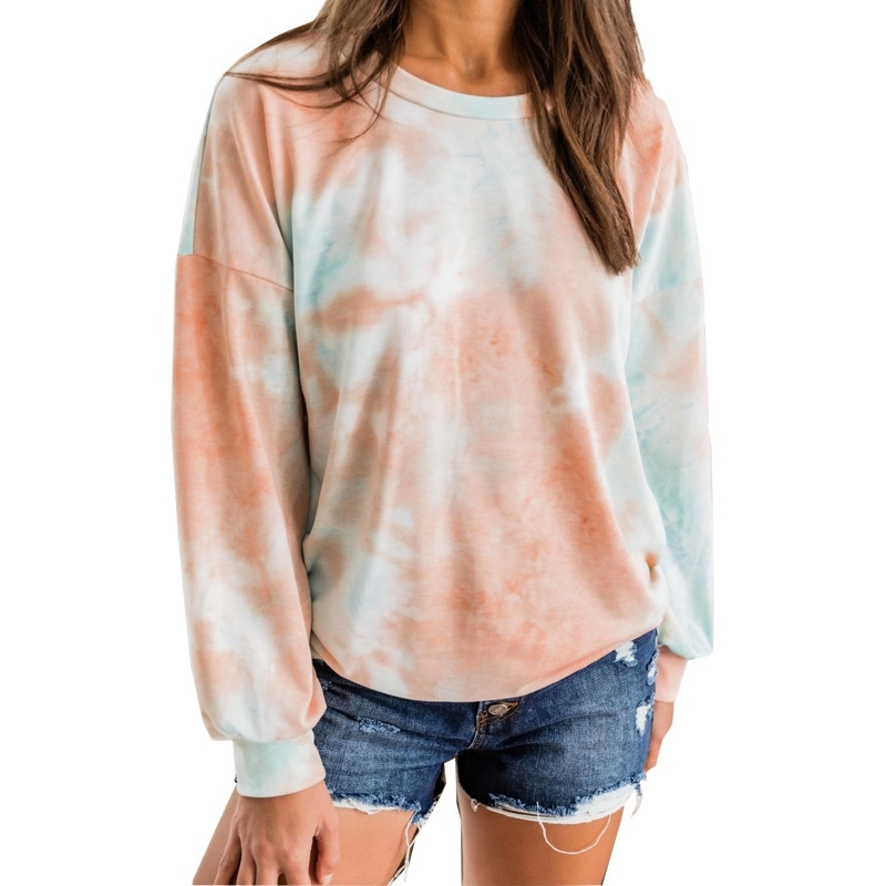 Women Casual Sweatshirts Tie Dye Printed Colorful O Neck Long Sleeve Hoodies Autumn Winter Sexy Off Shoulder Loose Pullover Tops 210526