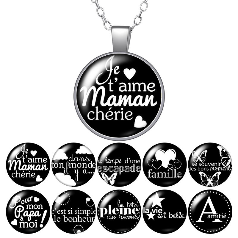 French Je T'aime Mama Cheire Papa Round Pendant Necklace 25mm Glass Cabochon Silver Color Jewelry Women Party Birthday Gift 50cm
French Je T'aime Mama Cheire Papa Round Pendant Necklace 25mm Glass Cabochon Silver Color Jewelry Women Party Birthday Gift 50cm