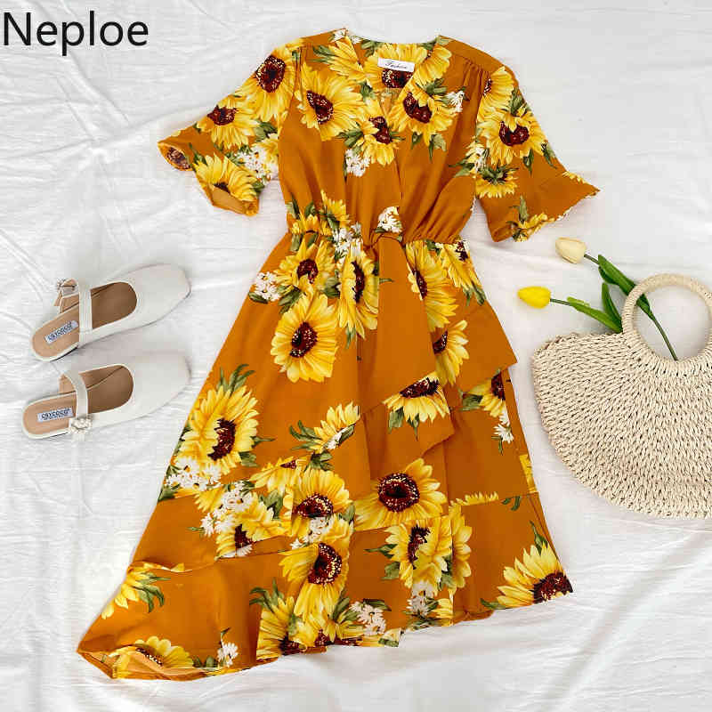 Neploe Women's Dress Summer New Style Temperament Irregular Vestidos V Neck High Waist Slim Bandage Floral Split Dresses 4h571 210422