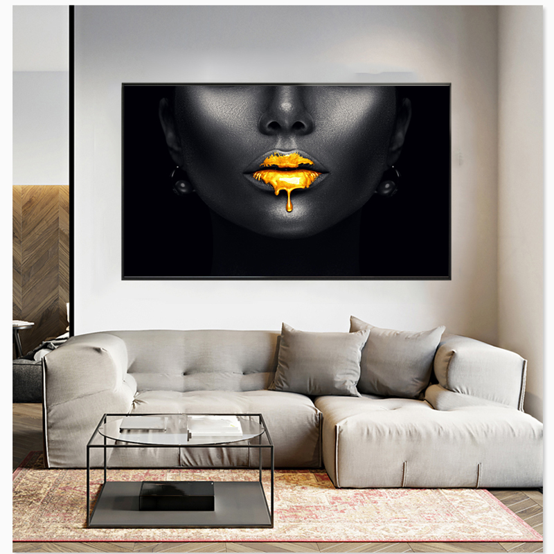 Gold Lips African Black Woman Canvas Paintings on The Wall Art Posters and Prints Black Face Pictures for Living Room