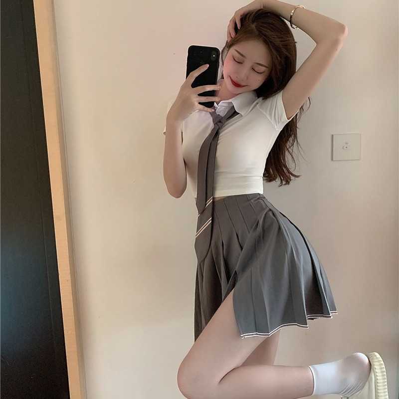 WOMENGAGA Korea Sexy JK Tops Suit Women's + Split Pleated Mini Dress Two Piece Summer Women Student 78XY 210603