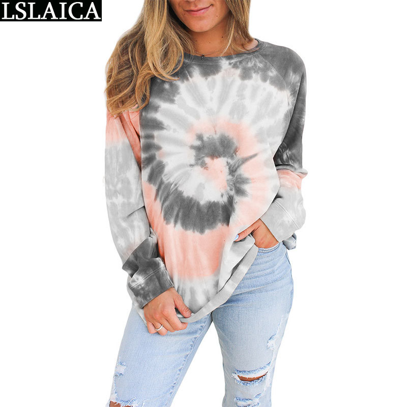 Fashion Casual Sweatshirt O-Neck Long Sleeve Women Sweetshirts Tie-Dye Loose Tops Autumn Winter Las Mujeres 210520