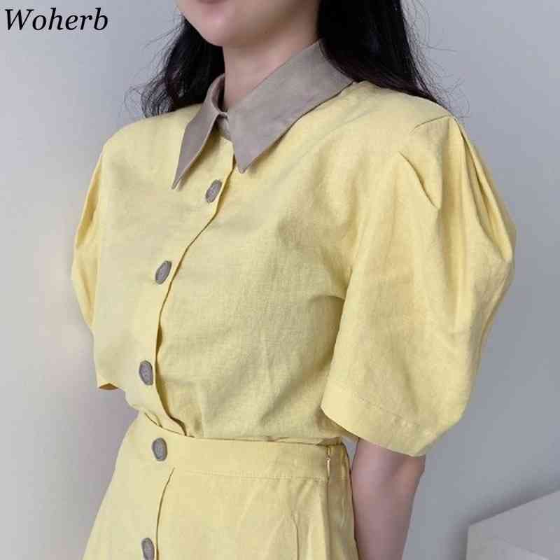 Vintage Puff Sleeve Blouse + High Waist Pleated Skirts Women Fashion Two Peices Long Skirt Sets Summer Elegant Outfits 210519