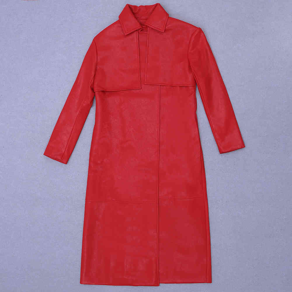 Winter Ladies Leather Jacket Fashion High-End Pu Coat Notch Office Long Belt Slim Trench 210525