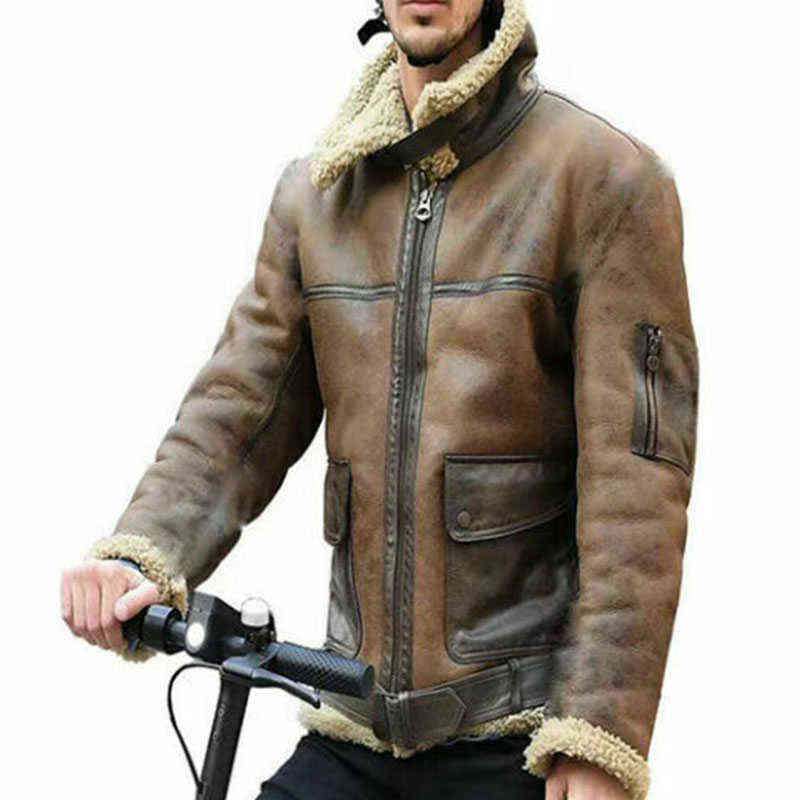 Winter Mens Lamb Wool Lined Leather Jacket Parka Outwear Coat Men Retro Fur Locomotive Jacket Zipper PU Leather Coat Warm 211111