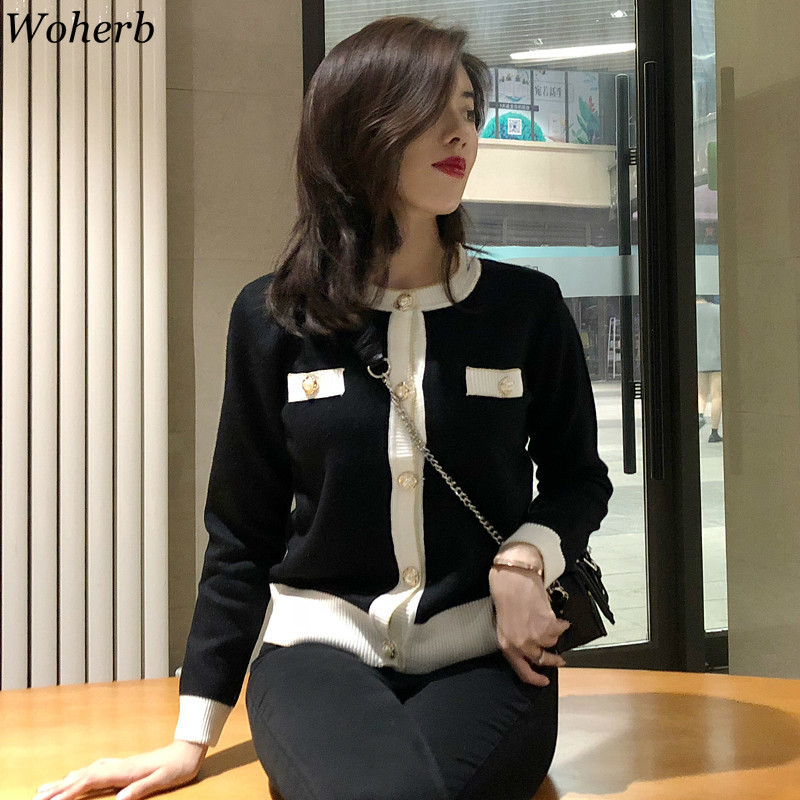 Fashion Autumn Women Cardigans Korean Contrast Button Sueter Mujer Vintage Elegant Casual Female Sweaters Jumper 210519