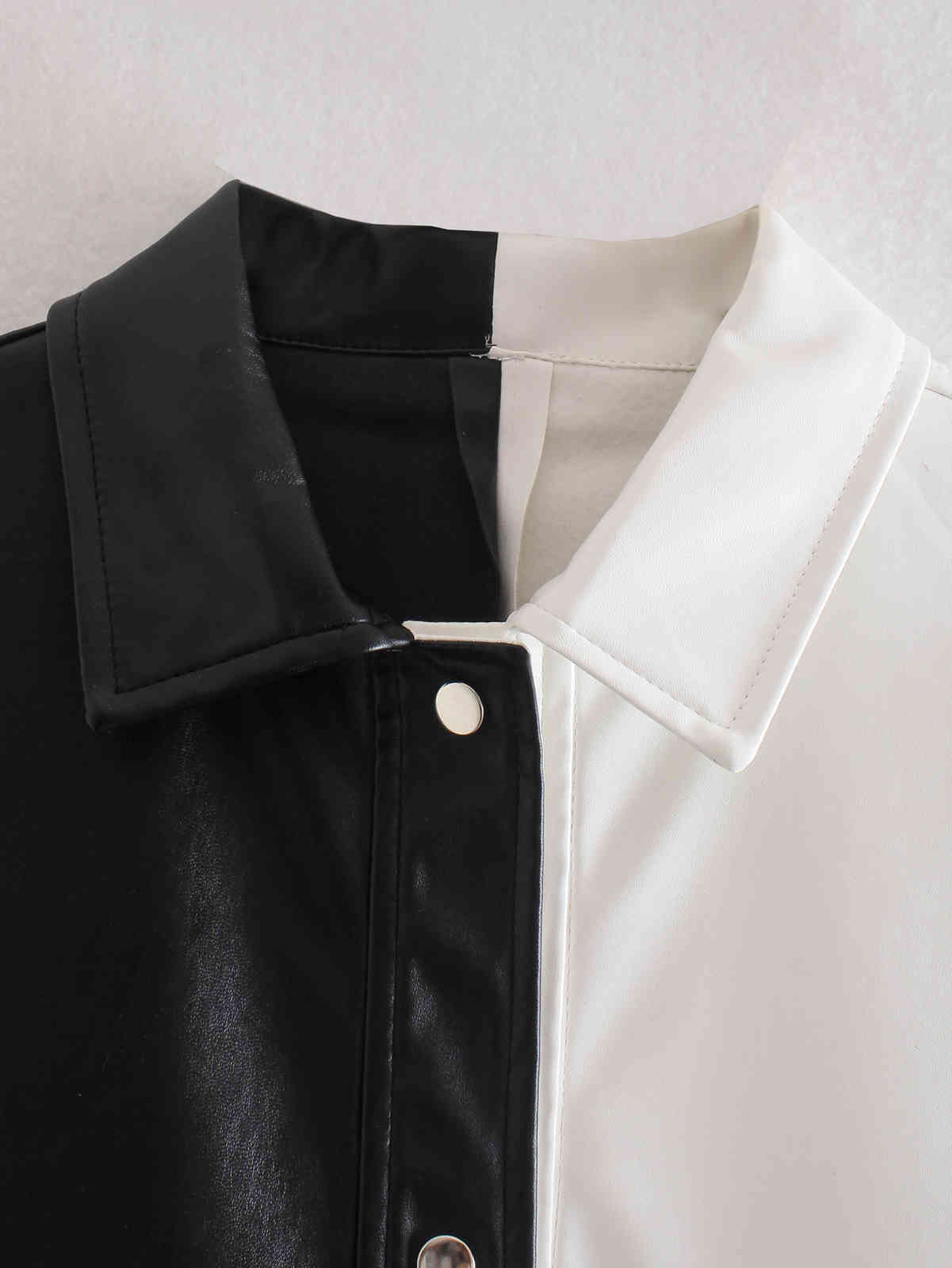 Short Color Contrast Chic Women's Shirt with PU Stitching Harajuku Lapel Female Tops 210507