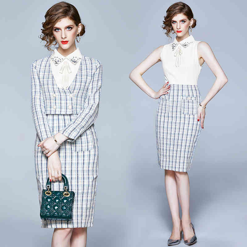 Women Autumn Designer Elegant Blazer Pencil Dress Suit Female Light Blue Beading Office Party Plaid Robe Fashion Two Piece Set 210525
Women Autumn Designer Elegant Blazer Pencil Dress Suit Female Light Blue Beading Office Party Plaid Robe Fashion Two Piece Set 210525