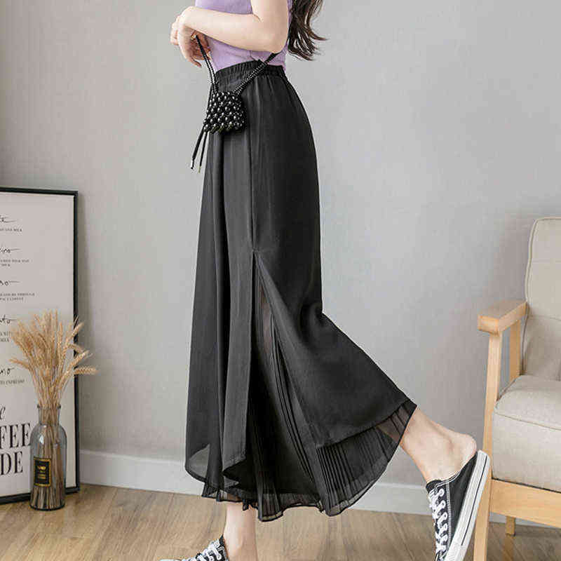 Spring Autumn Style Pleated Chiffon Wide Leg Pants Fashion High Waist Drape Elegant Ankle-length Skirt Trousers 211115