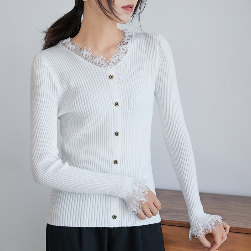 Autumn Winter Fashion Lace V-neck Slim Knit Women Sweater Long Sleeve Dark Stripes Clothes Solid Pullovers 6458 50 210510