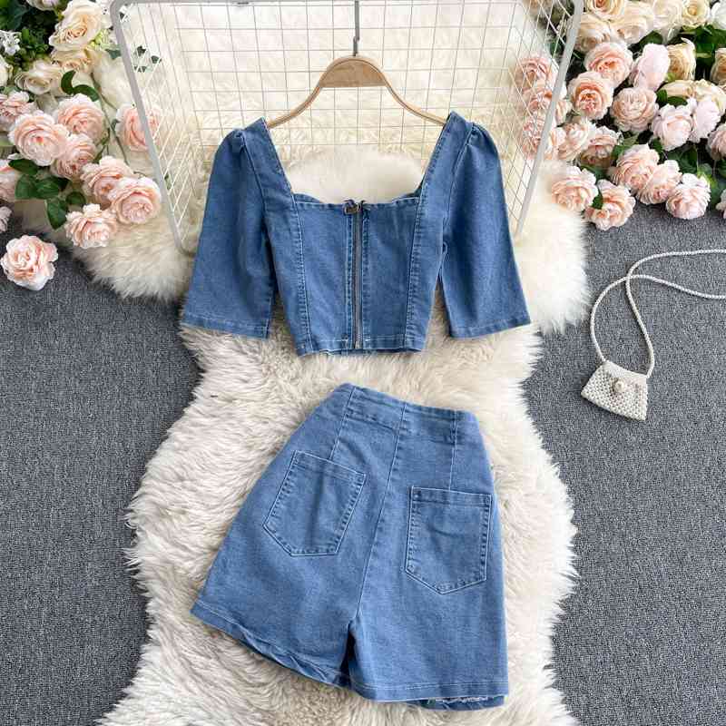 DEAT Women Square Collar Open Navel Versatile Shirt High Waist A-line Shorts Two Piece Set Fashion Spring Summer 11B358 210709