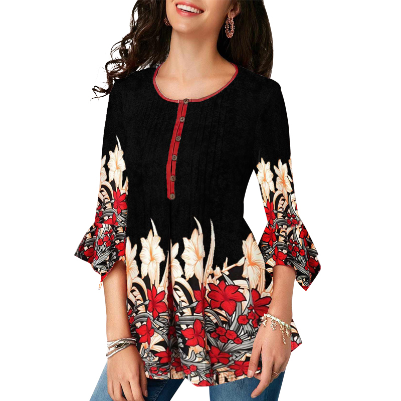 New Summer Print Blouse Women Cloting O-neck 3/4 Sleeve Shirts Ladies Casual Loose Plus Size Tops For Women 210317