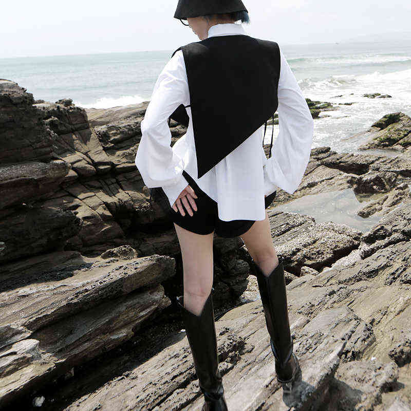 [EAM] Women Black Plaid Split Asymmetrical Loose Fit Vest V-collar Sleeveless Fashion Spring Autumn 1H073 211120