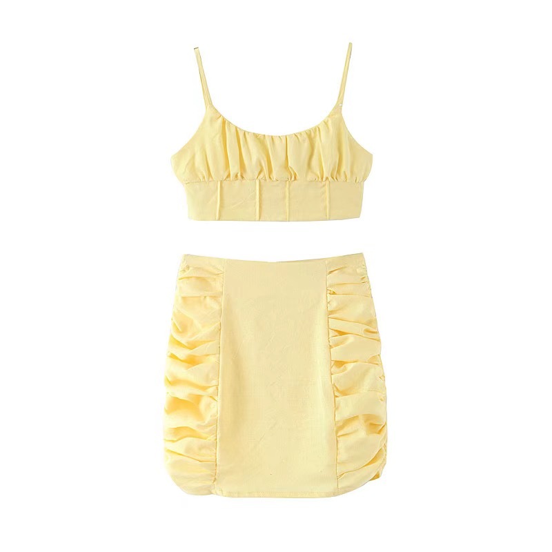 Summer Pleated Ruched Bra Tank Top Crop Sexy Women Draped High Waist Package Hips Skirts Camis 2 Pieces Set 210429