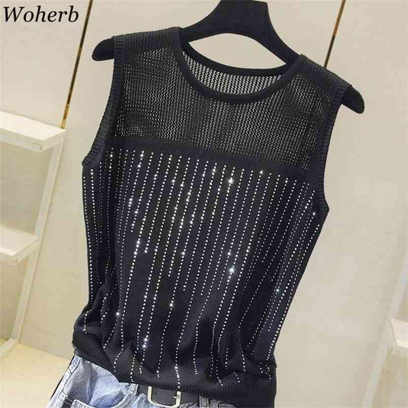Summer Ice Silk Thin Knitted Vest Women Casual Tank Top Modis Sequined Beading Hollow Out Mesh Shirt Femme 210519