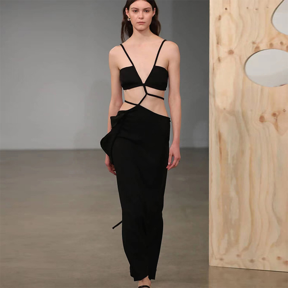 Summer Spaghetti Strap Bandage Dress For Women Sexy Sleeveless Hollow Out Club Evening Runway Party Maxi Dresses 210423