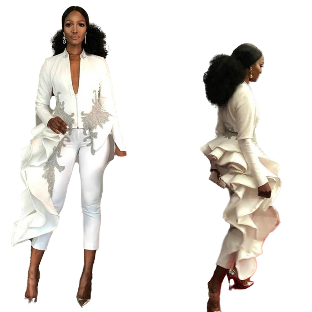 Arabic Dubai African Azzi Osta Jumpsuits Evening Dresses For Women Deep V Neck Long Sleeve Appliqued Ruffles Tea Length Formal Party Dress Prom Gowns 