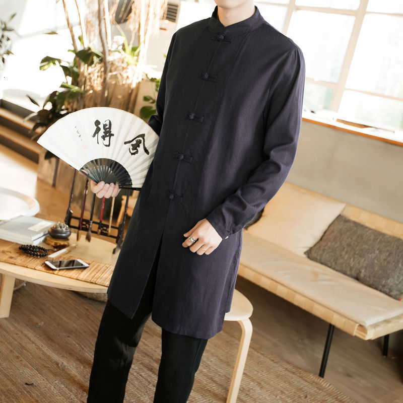 IEFB Chinese Style Cotton Hemp Large Size Long Shirt Men's Casual Stand Collar Long Sleeve Tang Suit Tops 9Y6032 210524