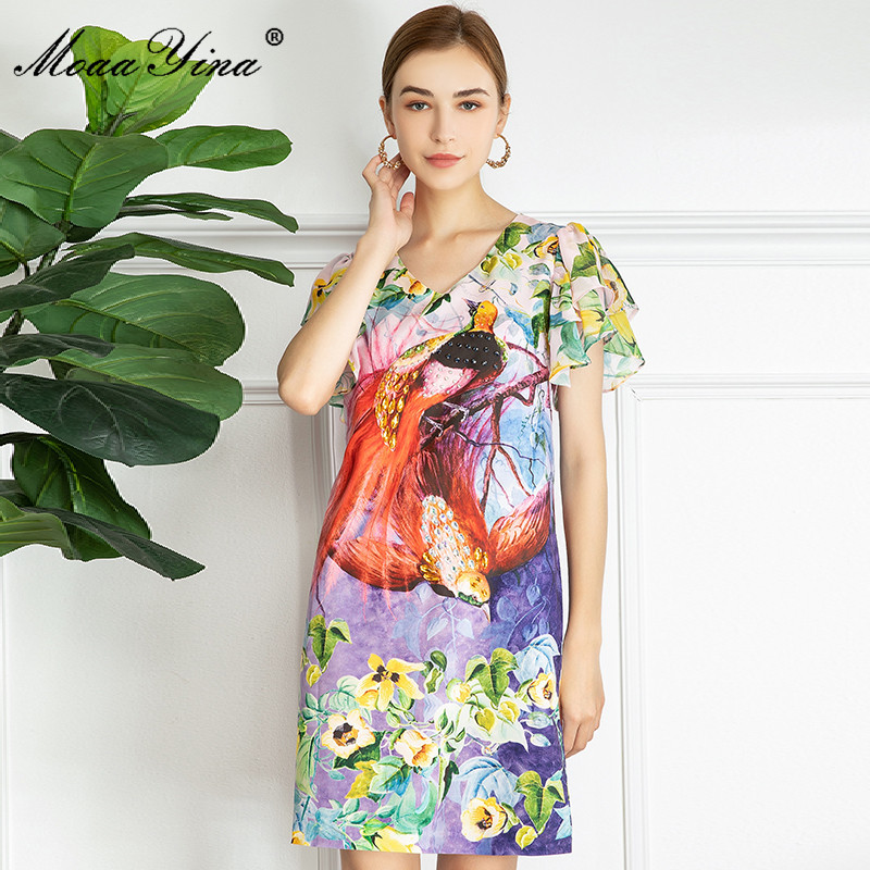 Summer Runway Vintage Mini Dress Women V-Neck Beading Fashion Birds Floral-Print Short Party 210524